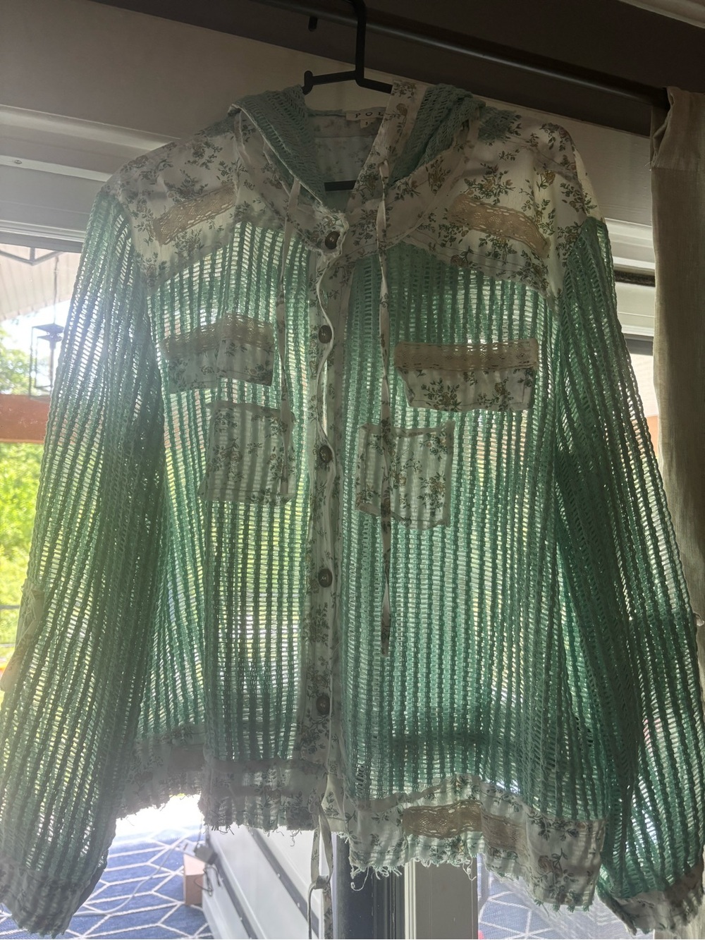 POL Mint Sheer Knit Button-Down Jacket with Floral Trim